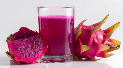 A glass of dragon fruit juice with a slice and a whole dragon fruit on a white background surface