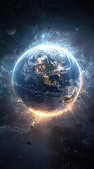 Fototapeta premium Glowing Earth encircled by cosmic energy, celestial bodies, and nebulae, showcasing vibrant light and dark contrasts within the vast expanse of space