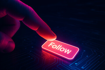 “Glowing Follow Button on Circuit Board – Futuristic Social Media Interaction”