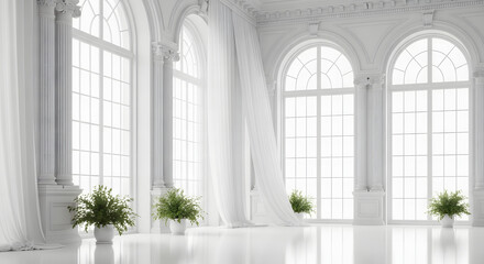 Peaceful minimalist living room with a wooden armchair and potted plant, bathed in natural sunlight creating elegant shadows on the wall