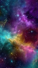 Naklejka premium Vibrant nebula with swirling clouds of purple, teal, gold, and crimson gases; scattered stars illuminate the cosmic scene