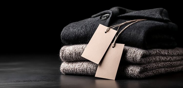 black friday markdowns on fashion items like coats and scarves, with prominent price tags on a sleek black surface