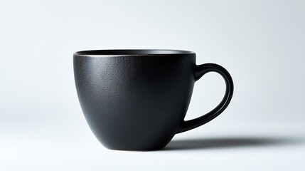 A single black ceramic mug with a handle sits on a white surface in a studio setting view close up