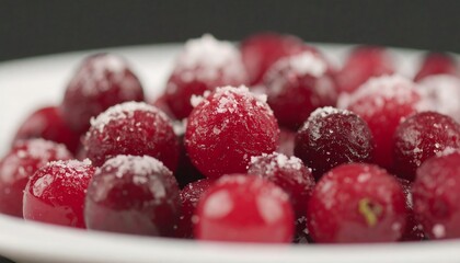 Close-up of sugared cranberries in a bowl.