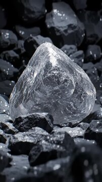 A brilliant, uncut raw diamond, a symbol of purity and resilience, resting on a bed of dark, rough coal stones