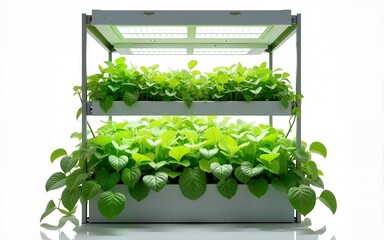 A vertical farming system showcasing fresh greens and innovation, pure flat white background. PNG transparent. High quality