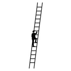 Silhouette of businessman climbing a tall ladder towards success