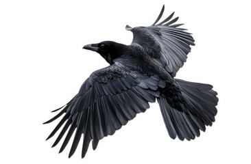 Obraz premium A black raven with its wings spread wide, flying isolated on transparent background