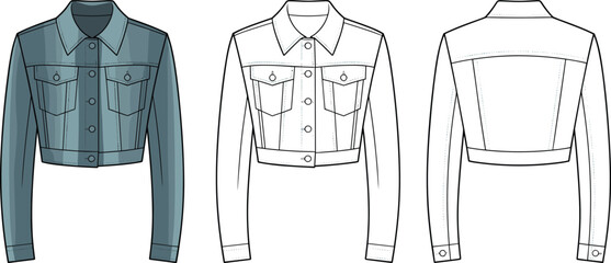 Cad Drawing Flat Vector Illustration of Cropped Denim Jacket, Fashion Design, Detailed Front, Back View, Technical Drawing, ApparelCad Drawing Flat Vector Illustration of Cropped Denim Jacket, Fashion