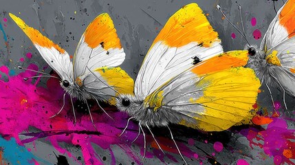 Vibrant butterflies on a colorful splattered background