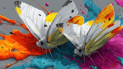Two butterflies, vibrant colors, paint splatters