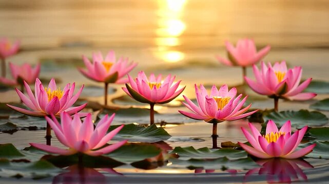 Pink lotus flowers on a still pond at sunrise