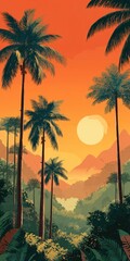 Obraz premium Vibrant sunset over a lush tropical valley, tall palm trees framing a large, bright sun and hazy orange sky; verdant valley floor below
