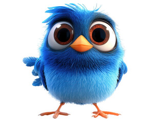 Fototapeta premium A cute cartoon blue bird with big eyes and fluffy feathers, isolated on transparent background