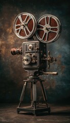 Obraz premium Vintage film projector, weathered metal, dual reels, tripod stand, dark background