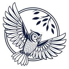 Vector art of owl flying in circle with branch