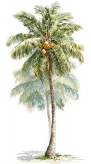 Fototapeta premium Watercolor painting of two slender coconut palms, one slightly behind the other, laden with yellow-brown coconuts, set against a white background with subtle shadowing at the base