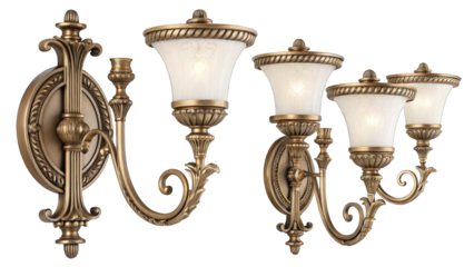 Elegant ornate brass wall sconces featuring frosted glass shades providing warm ambient lighting for sophisticated interiors