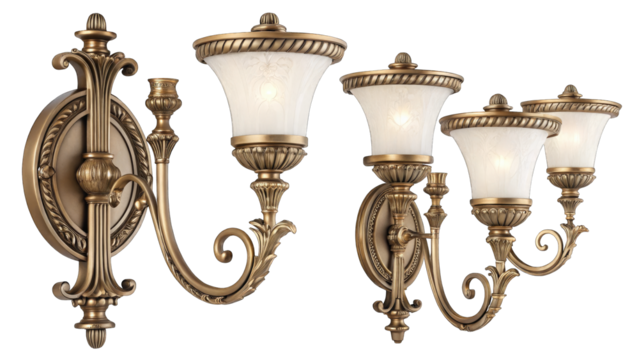Elegant ornate brass wall sconces featuring frosted glass shades providing warm ambient lighting for sophisticated interiors