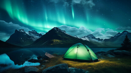 Aurora with camping tent

