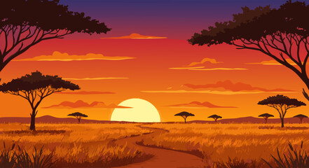 African Savanna Sunset with Acacia Trees and Winding Path