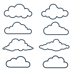 Set of 8 Stylized Cloud Icons – Vector Outline Weather Clipart Collection