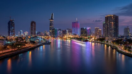 Fototapeta premium City skyline illuminated at night along the river with colorful reflections in the water