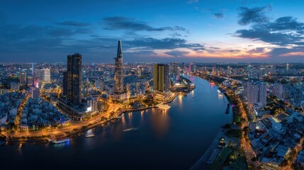 Fototapeta premium Vibrant skyline of Ho Chi Minh City with shimmering river during twilight hours