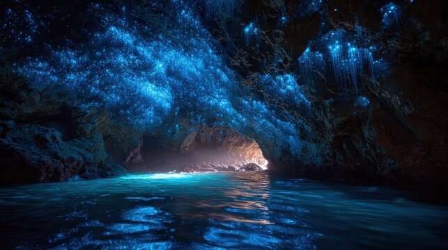 Stunning bioluminescent cave with shimmering waters during nighttime near a scenic coastline - Powered by Adobe