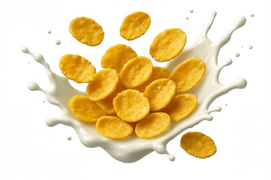 Crunchy cornflakes falling and splashing into creamy milk, creating a dynamic breakfast scene on a transparent background