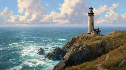 Beautiful lighthouse on rocky coast under a vibrant sky with waves crashing