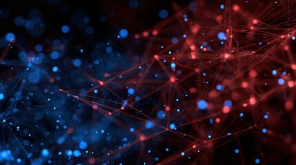 Colorful abstract network of particles in red and blue tones creating a dynamic visual effect