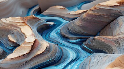 A detailed abstract landscape with a winding blue river and layered terrain formations visible in detail