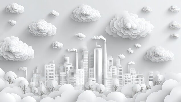 White Cityscape With Fluffy Clouds And Smoke Illustration