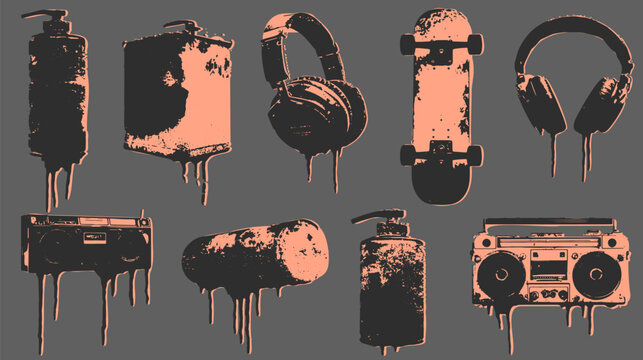Urban street set with skateboard, headphones, boombox, and spray can in grunge style. Dripping effect vector illustration with black and orange contrast.