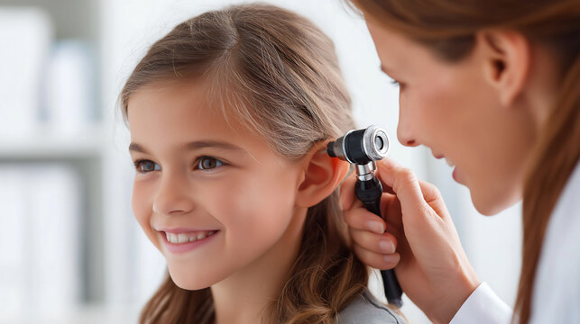 An professional pediatrician checking child’s ears with a otoscope at hospital. Health checkup, Audiologist examining concept