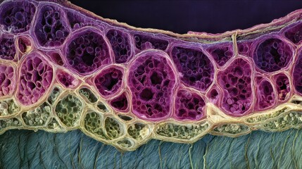 Fototapeta premium Detailed view of plant cell structure showcasing vibrant colors and intricate designs
