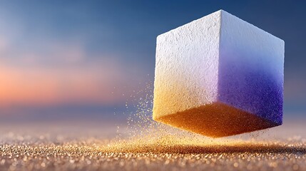 White cube with gradient purple and orange sand particles floating image