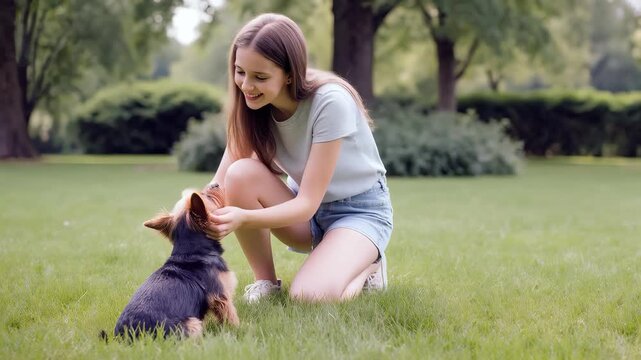 Young breeder petting a Yorkshire Terrier dog outdoors in a sunlit green park. A warm moment of animal care on a summer day