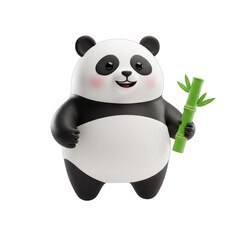 Naklejka premium A charming 3D rendered cartoon panda, looking happy and holding a fresh bamboo stalk, presented as an isolated PNG for children's projects.
