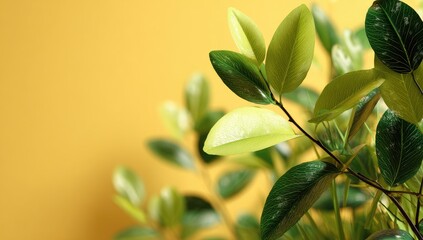 Close-up of vibrant green leaves against a soft yellow background