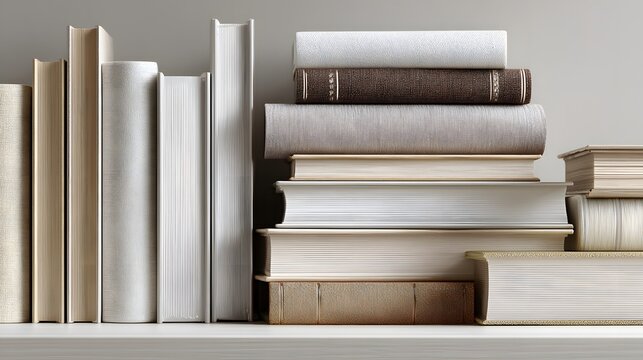 Elegant arrangement of stacked books and aligned volumes evokes refined literary ambiance