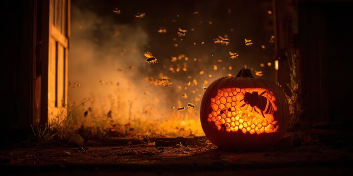 A Spooky Halloween Scene Featuring a Lit Pumpkin Carved with a Bee Design Amidst Swirling Bees Against an Enigmatic Dark Backdrop