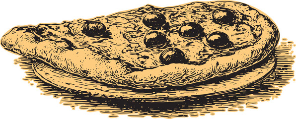 Pizza with cheese and olives depicted in vintage sketch style. Classic handdrawn vector illustration with detailed engraving.