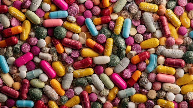 Collection of various colorful pills and capsules scattered on a surface