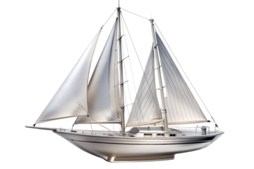 wooden sailing ship with silver color glossy finish isolated on white background. PNG Transparent file type with high definition quality And vibrant color grading Available.