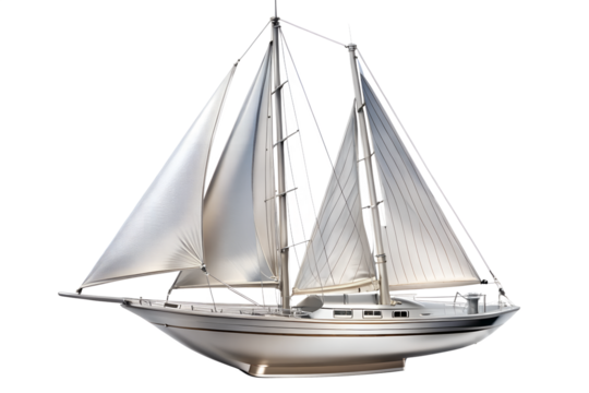 wooden sailing ship with silver color glossy finish isolated on white background. PNG Transparent file type with high definition quality And vibrant color grading Available.