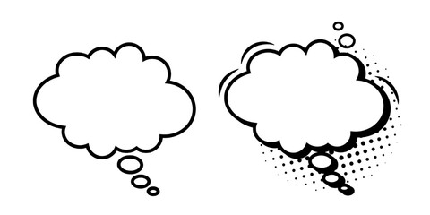 A set of speech bubble templates in the shape of a cloud with a shadow of semitones on a white background. Vintage pop art style design. Vector illustration.