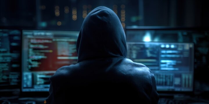 A Mysterious Figure in a Hoodie Engaged in Intricate Cyber Activities Surrounded by Multiple Monitors Glowing with Code and Data Analysis in a Dark Environment
