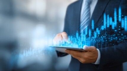 Futuristic Financial Visualization with Tablet and Dynamic Market Line